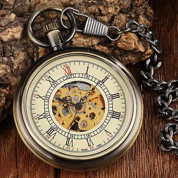 

Antique Hand Wind Roman Numerals Dials Men Mechanical Pocket Watch Vintage Bronze Skeleton Steampunk Fob Watch Chain Necklace