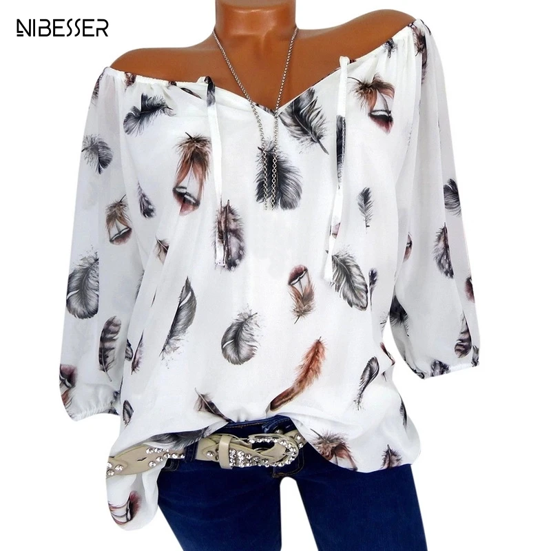 

NIBESSER 2019 New Summer Feather Print Women Blouses V-neck Print Chiffon Blusas Sexy Tee Shirt Casual Blusa Female Plus Size