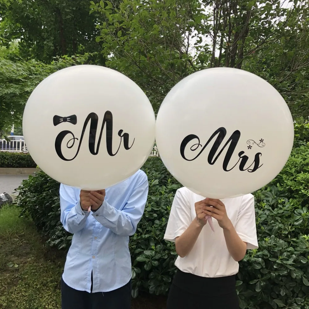 

2pcs/lot Good Quality 36inch Round White Print Mr&Mrs Latex Balloons Happy Wedding Valentine's Day Event Air Globos Supplies