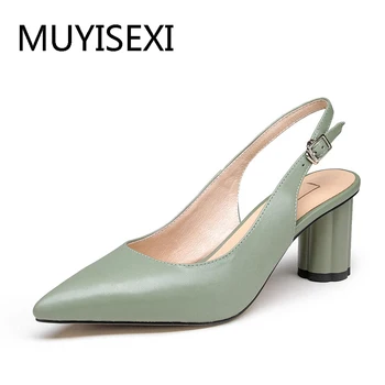 

Slingbacks Full Genuine Leather 6.5 cm Round High Heel Pointed Toe Women Pumps Work Office Shoes Apricot Green LBJ01 MUYISEXI