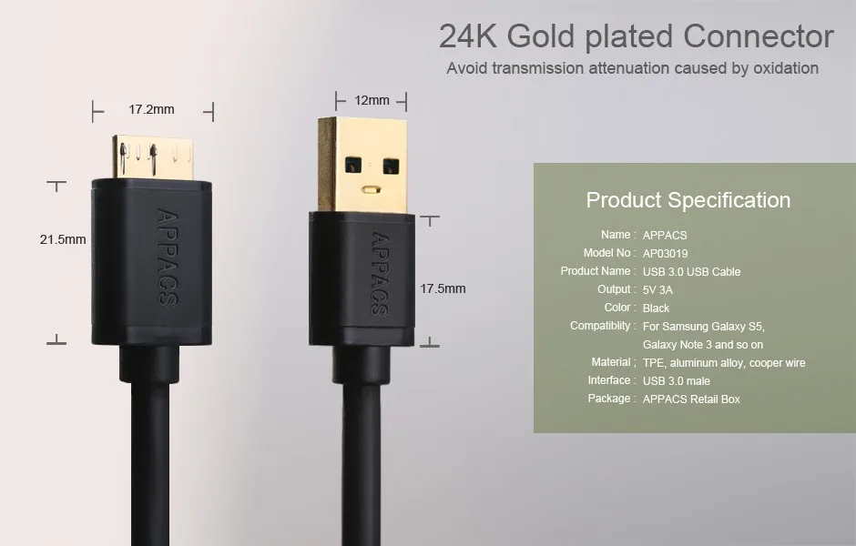 APPACS высокоскоростной Micro USB 3,0 кабель для быстрой зарядки и синхронизации данных USB 3,0 A Мужской к Micro B Мужской USB кабель для samsung Note 3 S5 HD