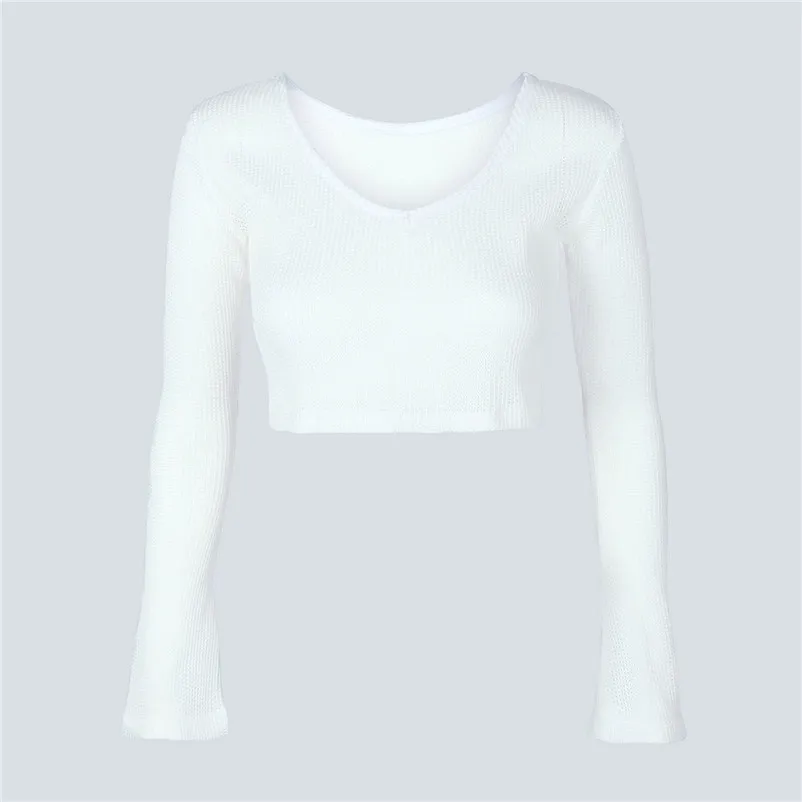 HOT sell sweaters fashion 2018 women White V-neck Long Sleeve Knitting Crop Top Knitwear Blouse Sweater Tops invierno A28#N (12)