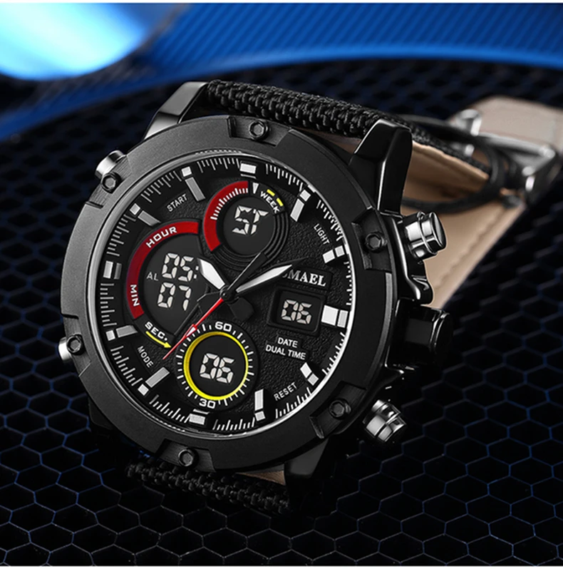 Мужские часы люксовый бренд Мужские часы с коричневым нейлоновым ремешком Мужские Спортивные кварцевые светодиодный цифровые часы водонепроницаемые военные наручные часы