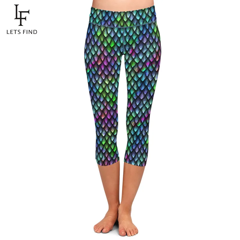LETSFIND Seamless 3D Fish Scales Print Capri Pants Fashion Sexy High Waist Elastic Milk Silk Plus Size Women Mid-Calf Leggings LETSFIND Seamless 3D Fish Scales Print Capri Pants Fashion Sexy High Waist Elastic Milk Silk Plus Size Women Mid-Calf Leggings