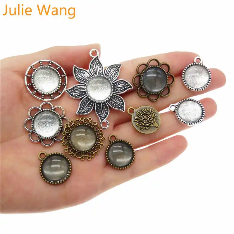 

Julie Wang 10PCS Round Flower Bezel Tray Photo Setting Base With Matching Clear Glass 14mm Cabochons For Pendant Jewelry Making