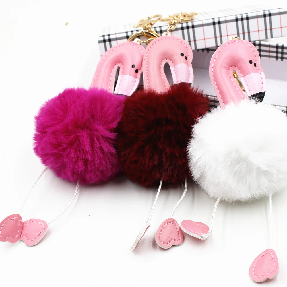 

New Cute pompom keychain flamingo key chain fluffy fake rabbit fur ball women car bag pompon key ring pom pom holder jewellery