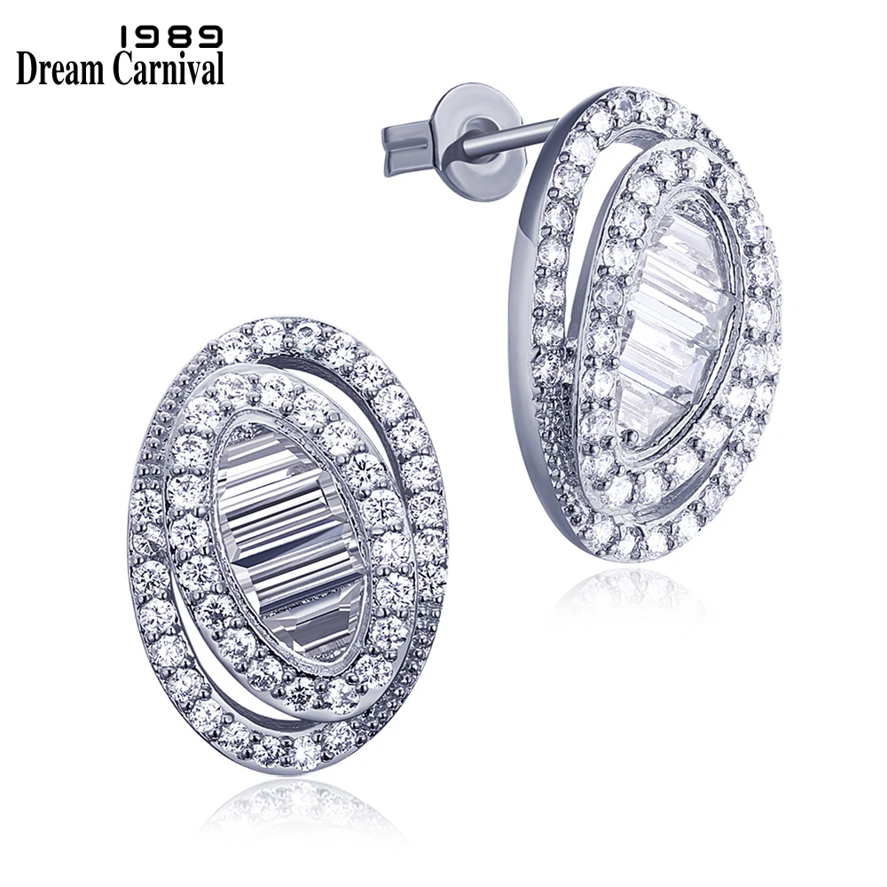 

DreamCarnival 1989 OL Ladies Double Oval shape with Clear White stones Stud Earrings for Women Rhodium Gold Color Pendientes