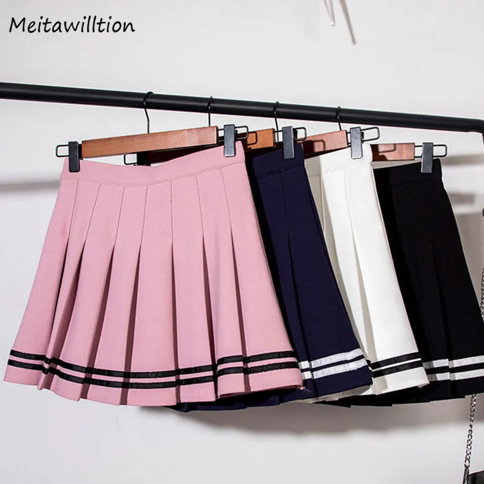 

2019 Summer Student Style Women Pleated Skirt Casual Ladies High Waist Striped Mini Skirt Elastic Female White Micro Skirts