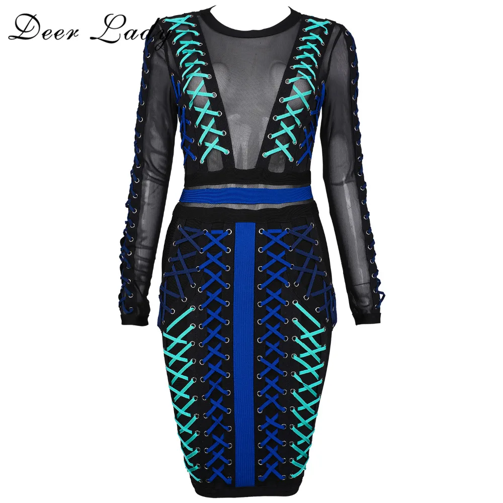 

Deer Lady Summer Bandage Dresses 2017 New Arrivals Mesh Long Sleeve Bodycon Dress Women Lace Up Dress Bodycon Bandage