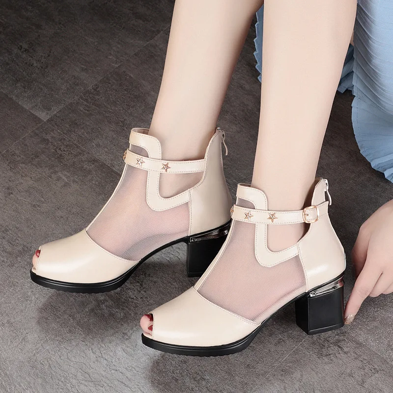 

Genuine Leather Ankle Chelsea Boots Fishmouth Women's Net Mesh Boots Thick Heel Mother's Shoes Size 35-43