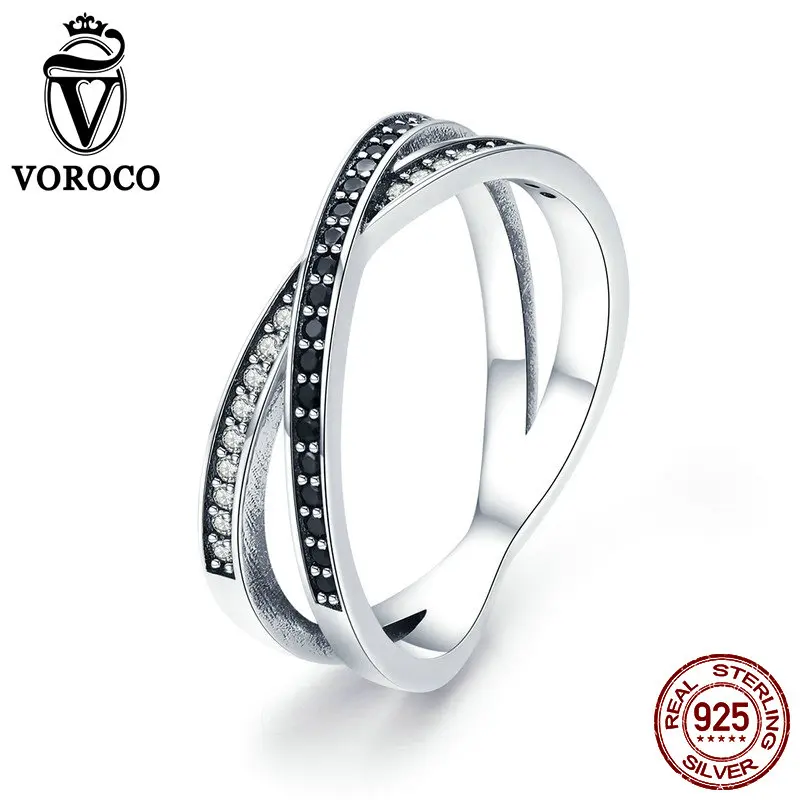

VOROCO Authentic 925 Sterling Silver Bridal Black Round Finger Rings for Women Sparking Crystal Wedding Fine Jewelry Gift BKR439