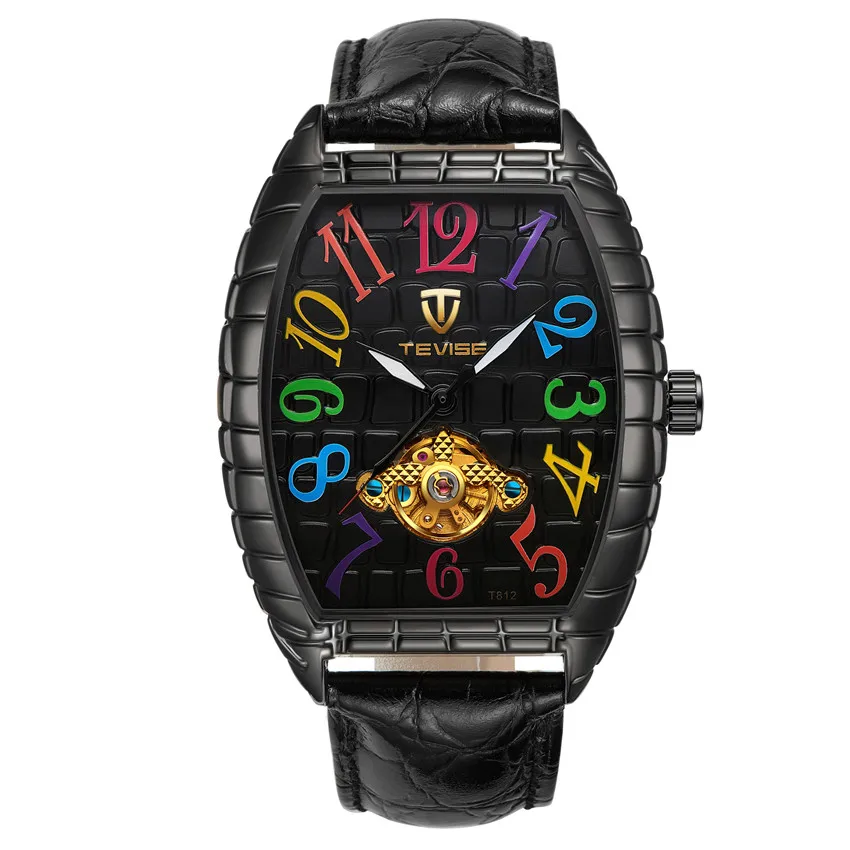 2018 TEVISE ووتش الرجال التمساح الجلد حالة توربيون التلقائي الميكانيكية ووتش للماء الرجال الجلود المعصم الذكور ساعة