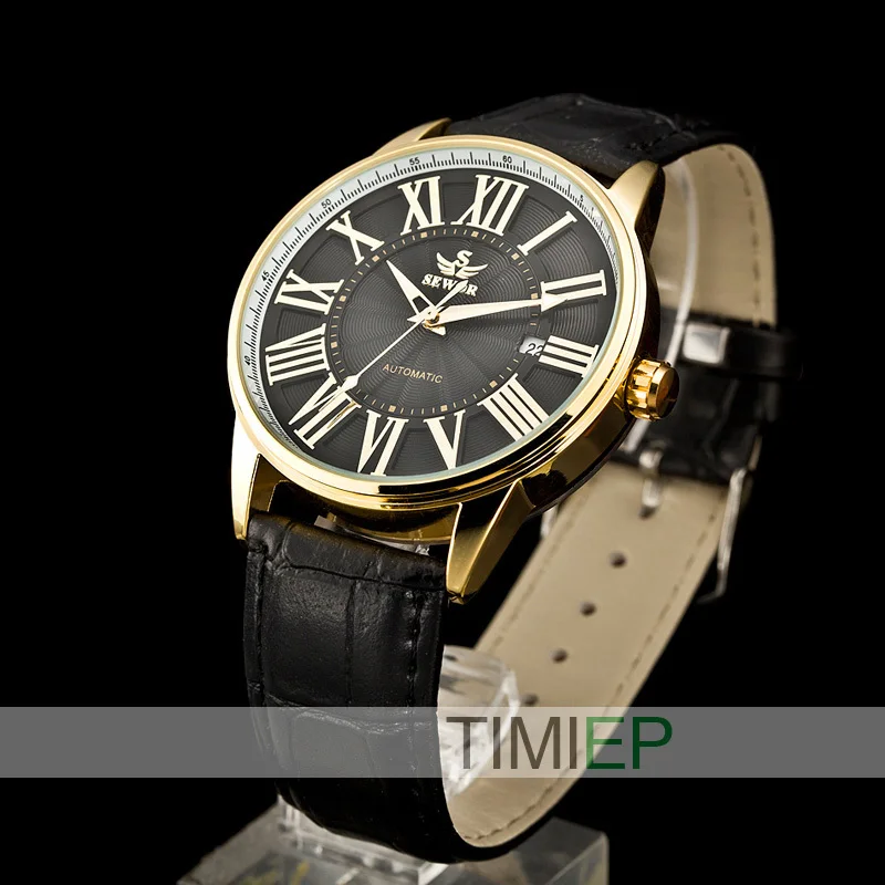 SEWOR New Mens Women Gold Skeleton Transparent self wind automatic watch Men