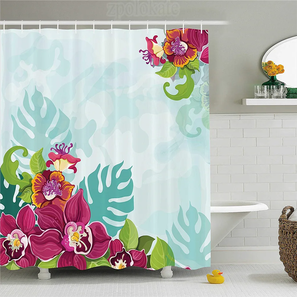 Floral Shower Curtain Colorful Tropical Flourishing Flower Garland Pattern Framework Spring Art Fabric Bathroom Decor Set with | Дом и сад