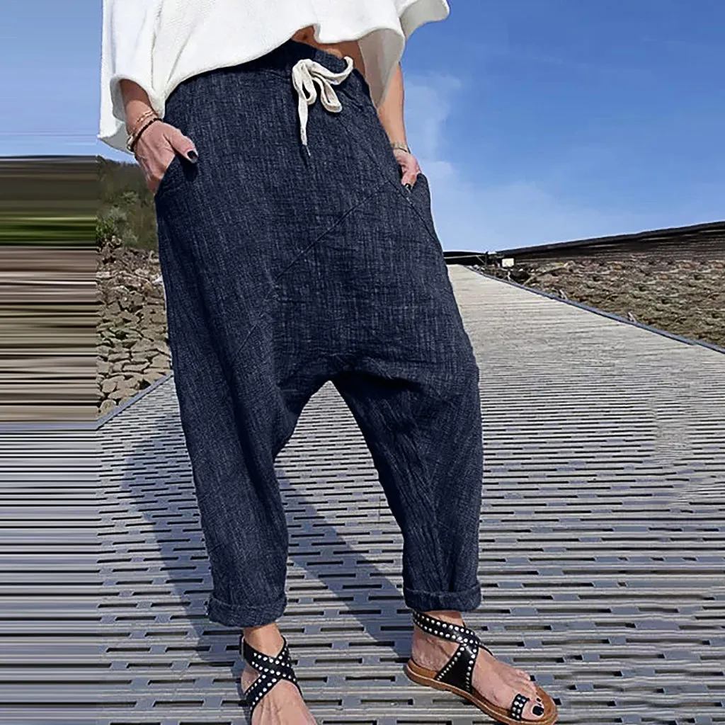 

Women Plus Size Pure Color Pocket Wide Leg Pants Cotton Linen Trousers high waist pants grande taille femme linnen flared pants