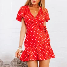 Ruffles Polka Dot Mini Dress Women Irregular V neck Sexy Boho Vacation Beach Party Summer Dress Belt Lace-up Short Sleeve Dress polka dot zip up side dress