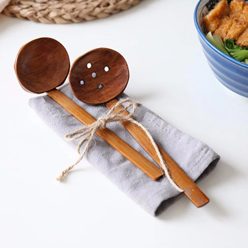 

2PCS Japanese Nature Bamboo Hand-Pulled Noodle Spoon Soup Ladles (Colander and spoon)