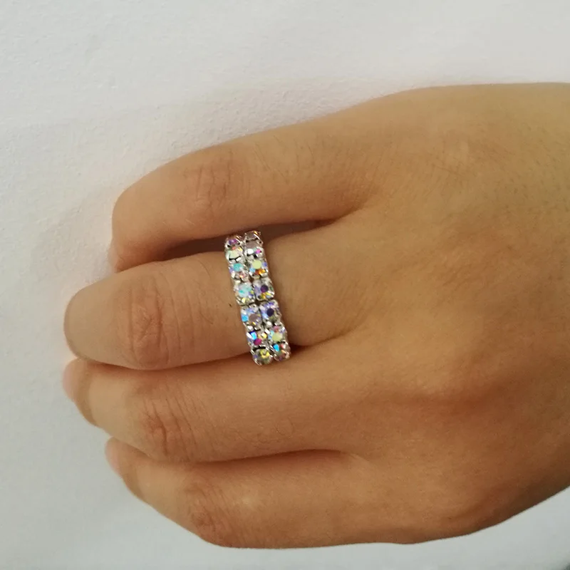 TDQUEEN кольца 2 ряда AB Кристалл растягивающиеся кольца для женщин посеребренное модное кольцо с камнем блестящее переливающееся AB Кристалл ювелирные изделия