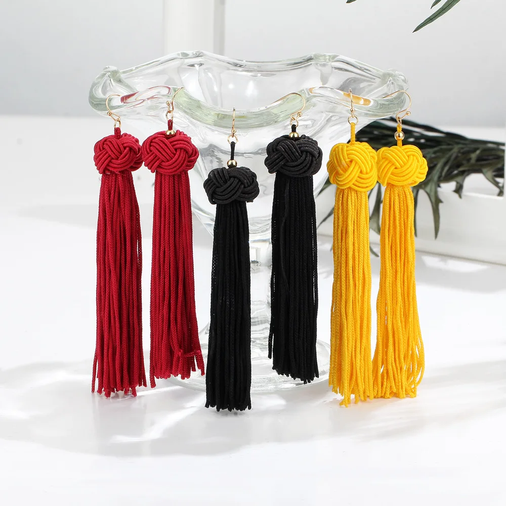 2019 Boho Ethnic Tassel Dangle Earrings For women Black Red Yellow Green Pink Long Cotton Drop Ear hook statement Jewelry
