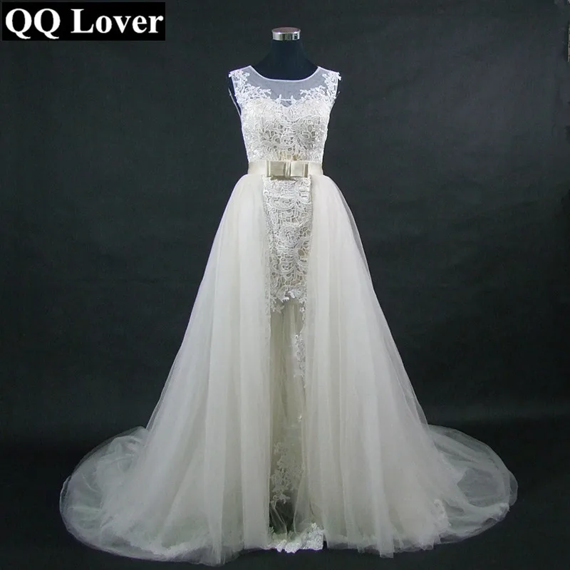 QQ Lover 2019 New Champagne Tulle Ivory Lace Mermaid Wedding Dress With Detachable Train Custom-made Vestido De Noiva | Свадьбы и