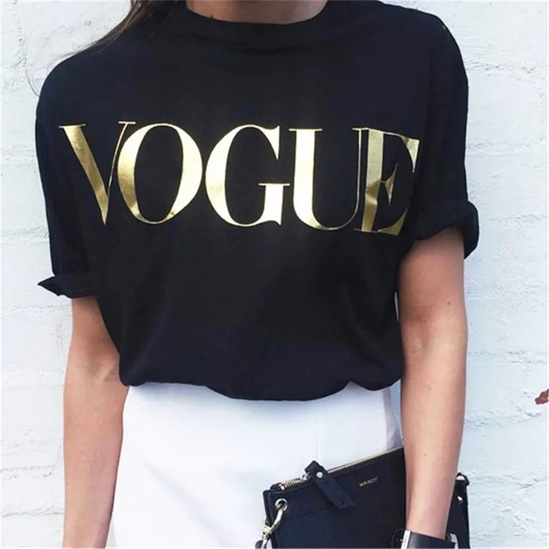 Summer Short Sleeve Black Top 2018 Casual Loose VOGUE Letter Printed Womens T Shirt Tops O-Neck Fashion Tshirt Women Cotton | Женская