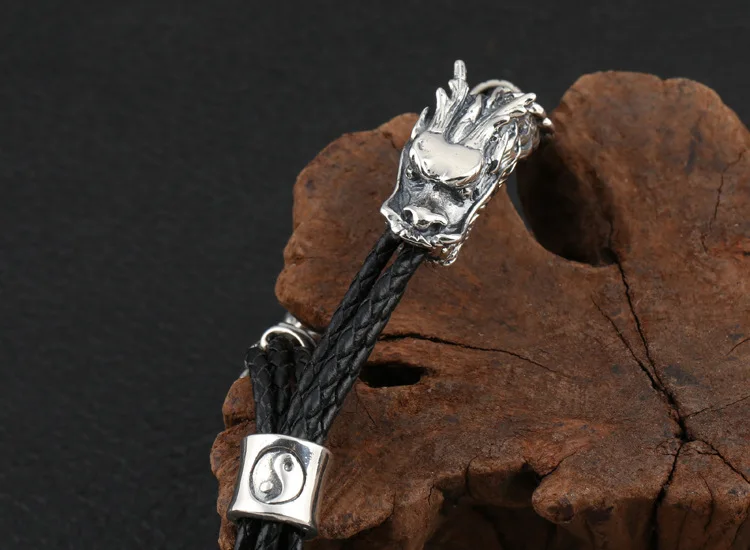 S925 Стерлинговое Серебро, кожаный черный плетеный браслет в виде дракона для женщин и мужчин, тайский серебряный регулируемый браслет и браслет, хорошее ювелирное изделие