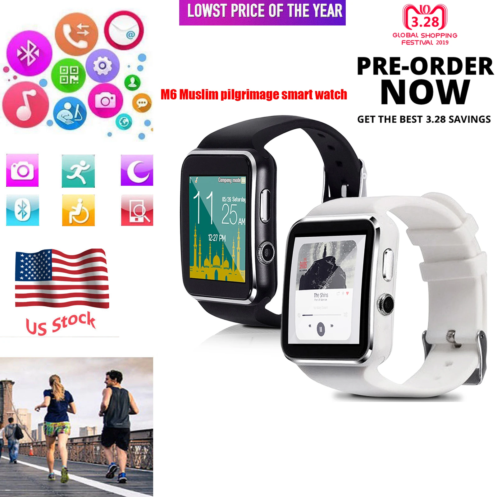 

Square M6 Muslim Smart Watch Color Screen Bracelet Men Sports Fitness Tracker SIM Wristband Waterproof Heart Rate Monitor Band