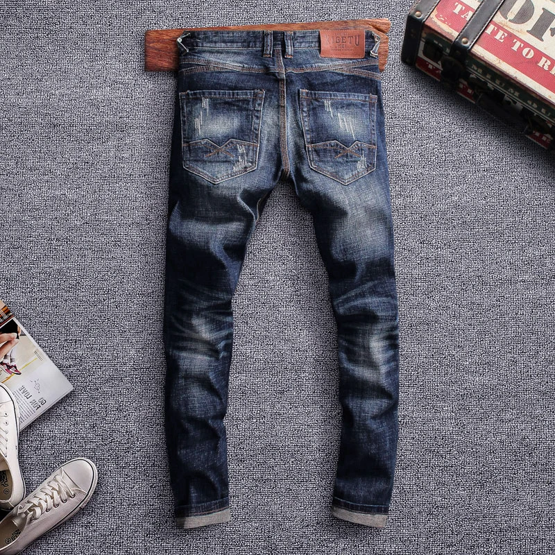 Italian Vintage Designer Men Jeans Retro Dark Blue Slim Fit Ripped Jeans Men Classical Destroyed Pants 2