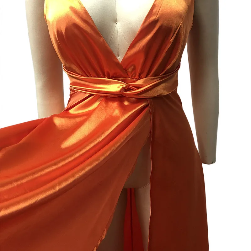 Сексуальное женское сатиновое платье с бретельками и глубоким v-образным вырезом на спине, с высоким разрезом, а-силуэт, макси платья, летние вечерние Клубные роскошные длинные платья