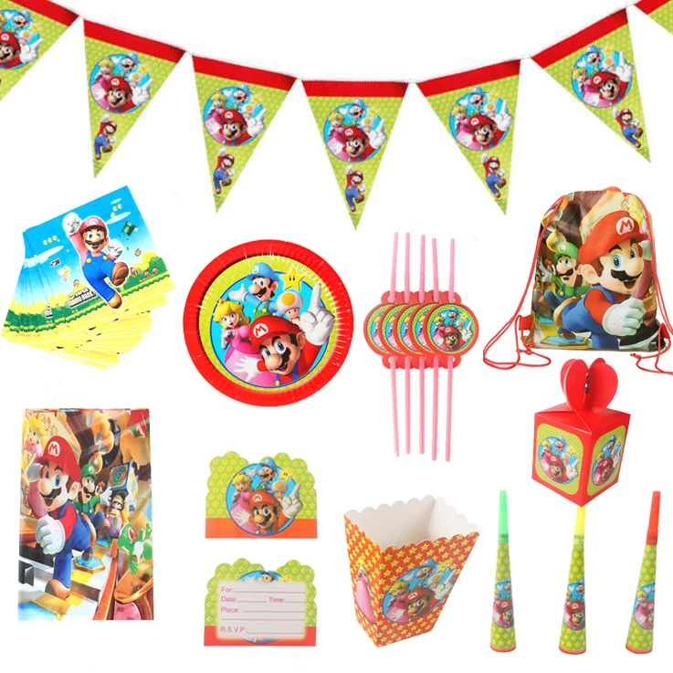 

Super Mario Theme party paper plate cup napkin banner tablecloth candy box card straw kids boy happy Birthday Party Decor