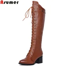 ASUMER/Новинка года; зимние сапоги до колена; женские мотоциклетные сапоги на высоком каблуке; ботинки из натуральной кожи с острым носком на шнуровке
