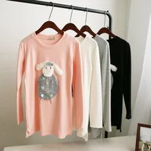 stereo cartoon cute little lamb embroidery long pure cotton T-shirt dress black white pink grey 4 colors