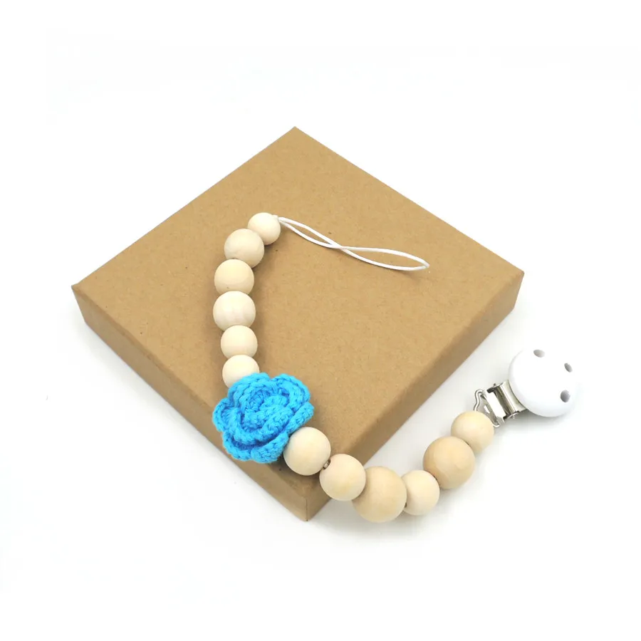 3 pcs Natural wooden soother clip,16mm wood beads handmade crochet flower dummy chain teether, pacifier clip baby gift set NT181