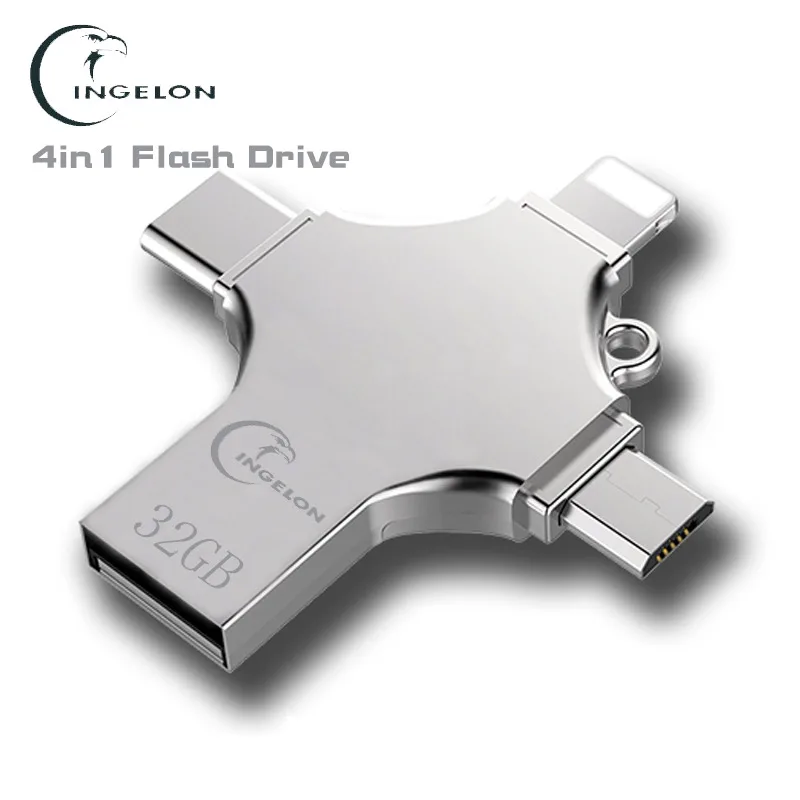 флешка для айфона 16 ГБ 32 ГБ 64 ГБ 128 ГБ 4in1 usb flash drive 16 ГБ Металла otg типа с компьютера flash memory stick для iphone ipad mac смартфон pendrive 16 ГБ флешки