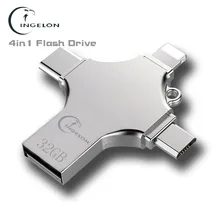 флешка для айфона 16 ГБ 32 ГБ 64 ГБ 128 ГБ 4in1 usb flash drive 16 ГБ Металла otg типа с компьютера flash memory stick для iphone ipad mac смартфон pendrive 16 ГБ флешки