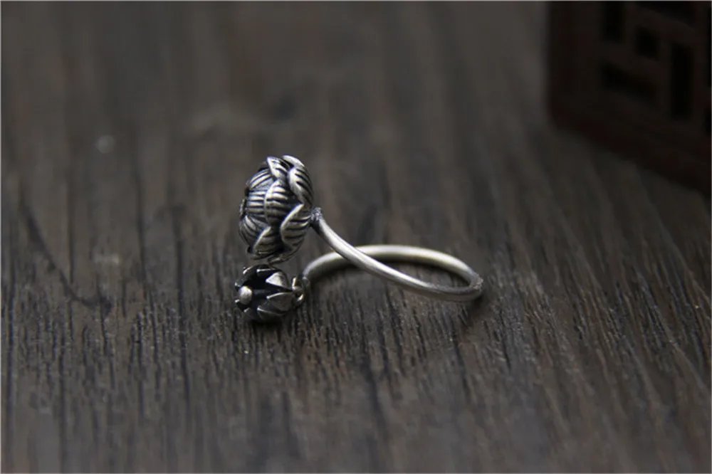 Подлинные 925 пробы серебряные женские винтажные Простые открытые кольца дизайн лотоса модные украшения для женщин кольцо с хвостом