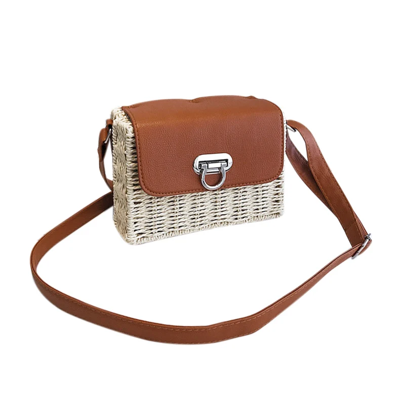 

Women's woven Casual handbags Handmade Straw Bag+PU Leather girls Vintage Square Straw Crossbody Bag Weaving shoulder bag(Beig