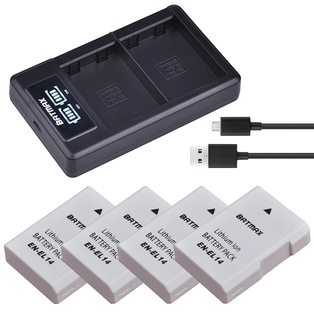 

Аккумулятор Batmax, 4 шт., EN-EL14, EN-EL14a, белый, со светодиодной подсветкой, USB, двойное зарядное устройство для Nikon D3400, D3300, D3100, D5600, D5100, D5200, D3200, P7000, P7100
