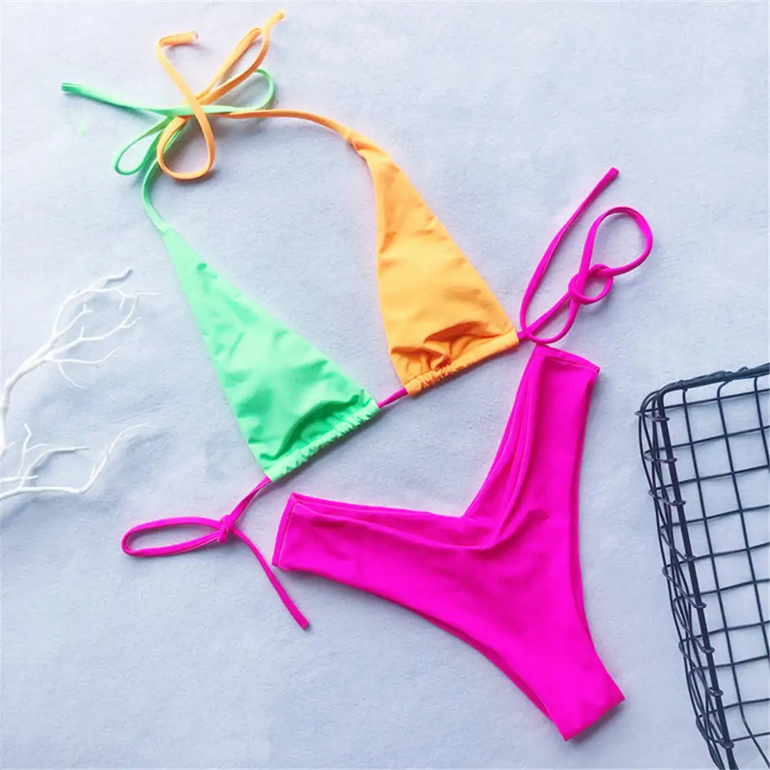 Sexy Halter Bikini Female Swimsuit Women Swimwear Two-pieces Bikini set With V Shaped Bottom Bather Bathing Suit Swim V1531 - Цвет: Green Orange Pink