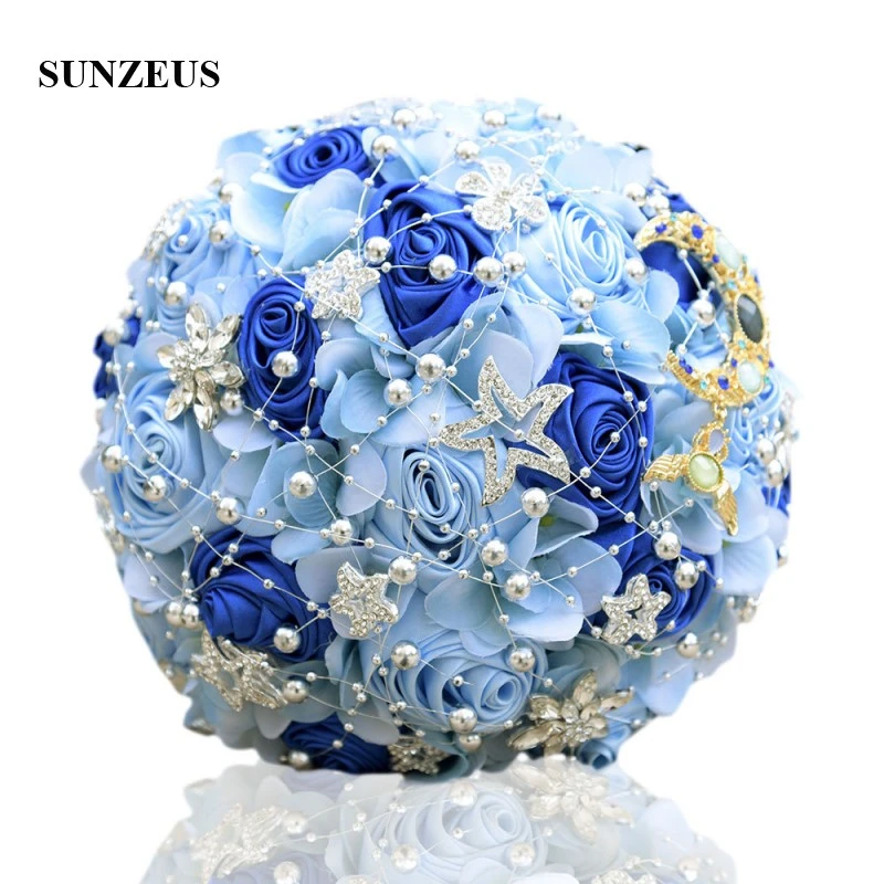 Romantic Light Blue Flowers Wedding Bouquet Pearls Shiny Stars Royal Blue Artificial Bridal Flowers Bouquet Huwelijk Swb08 Wedding Bouquets Aliexpress