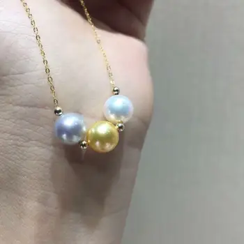 

Cute 7.5-8mm Japan Akoya white golden gray round pearl pendant 18inch 18k gold