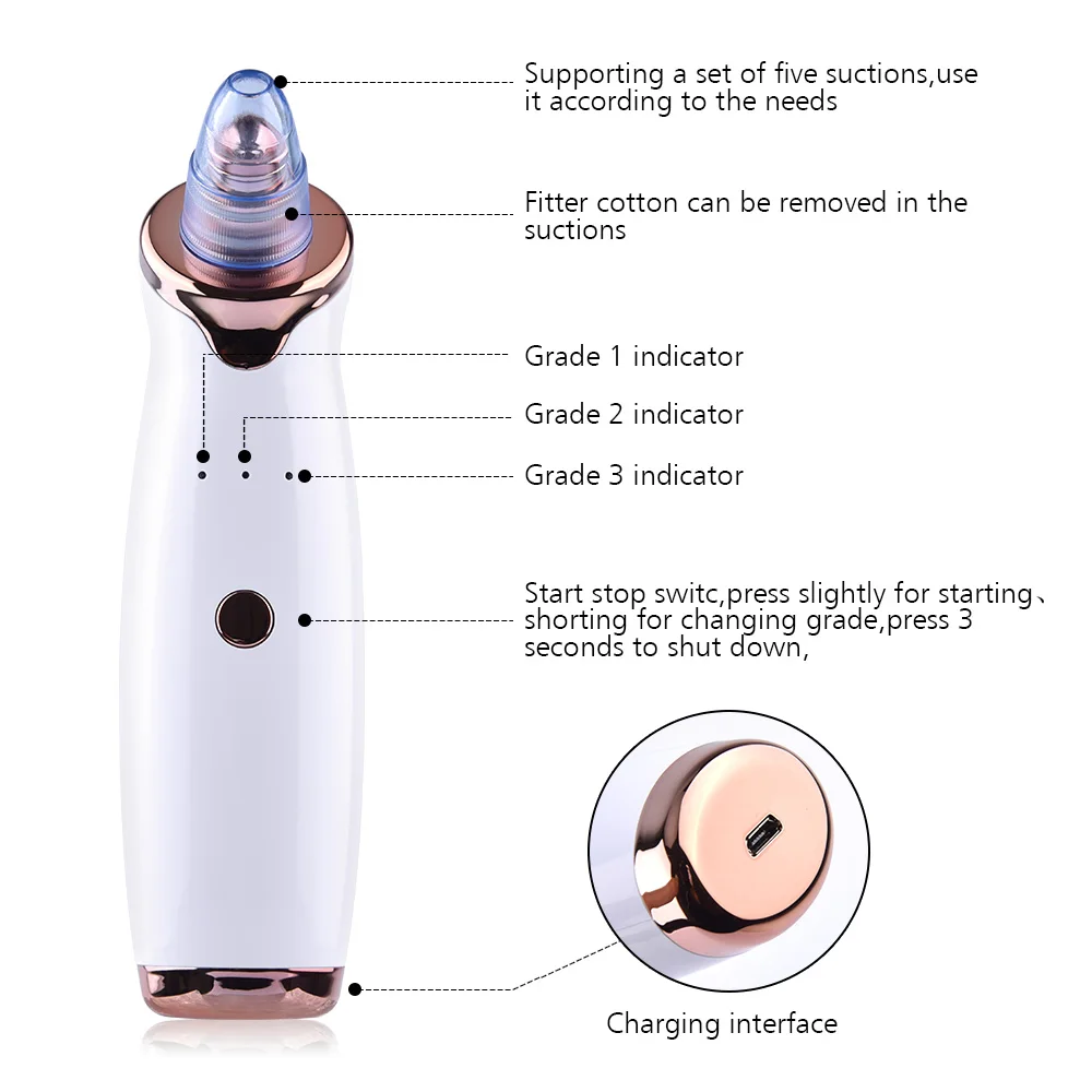  Pore Vacuum Blackhead Remover Suction Acne Peeling Pore Face Cleanser Facial Skin Care Diamond Beau