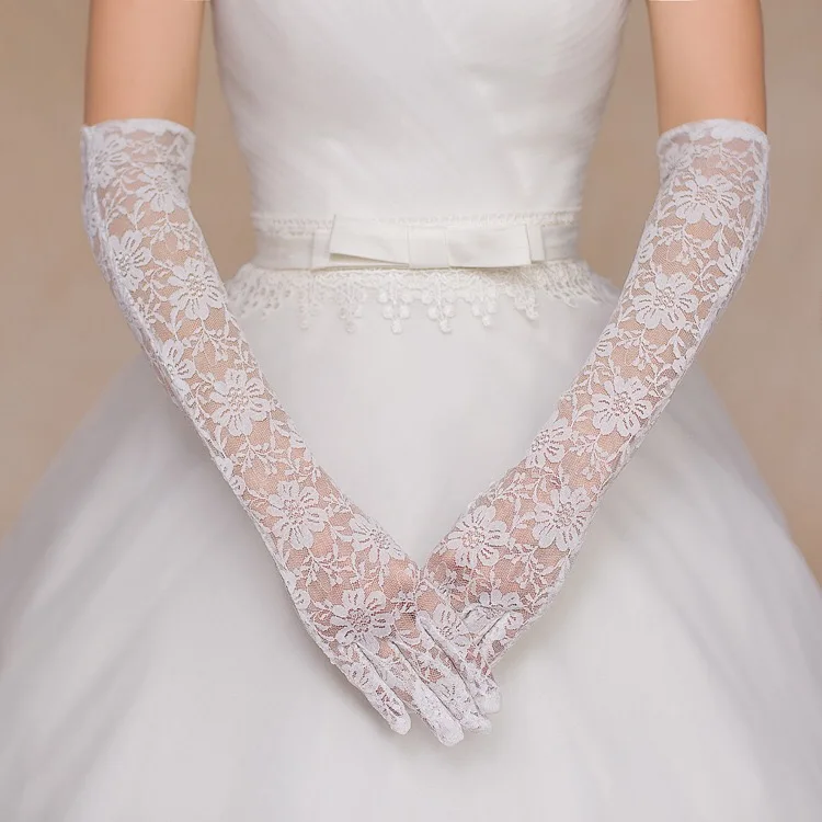 Кружевные свадебные перчатки Золушки длинные перчатки для невесты кружевные свадебные аксессуары - Цвет: Белый