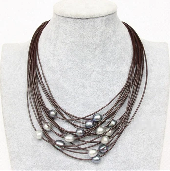 

Free shipping Sunning! 15Strands big white gray black pearls wine red leather necklace e2321 &aa **A good