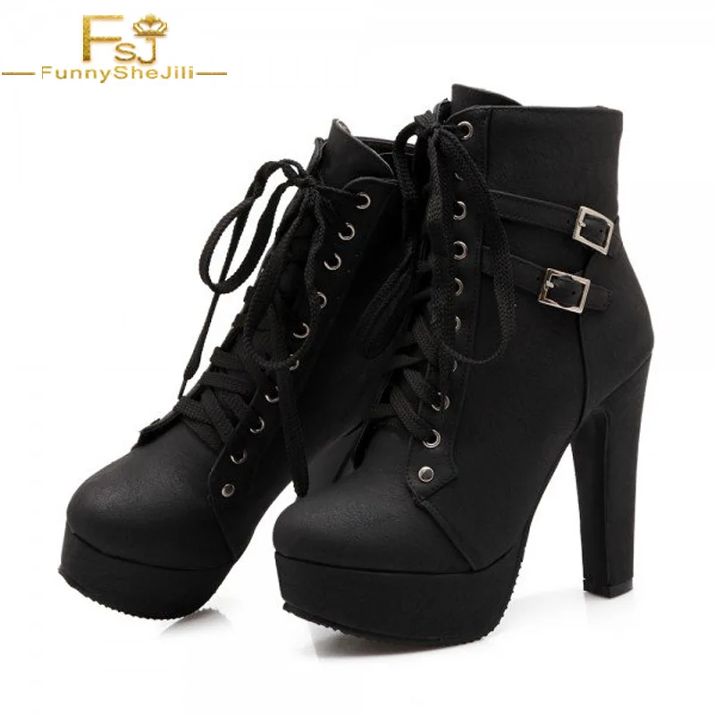 Botas negras de encaje para mujer, trabajo, fecha, gran día, salir Otoño,  plataforma de invierno, botines gruesos de tacones redondos súper altos| Botas hasta el tobillo| - AliExpress