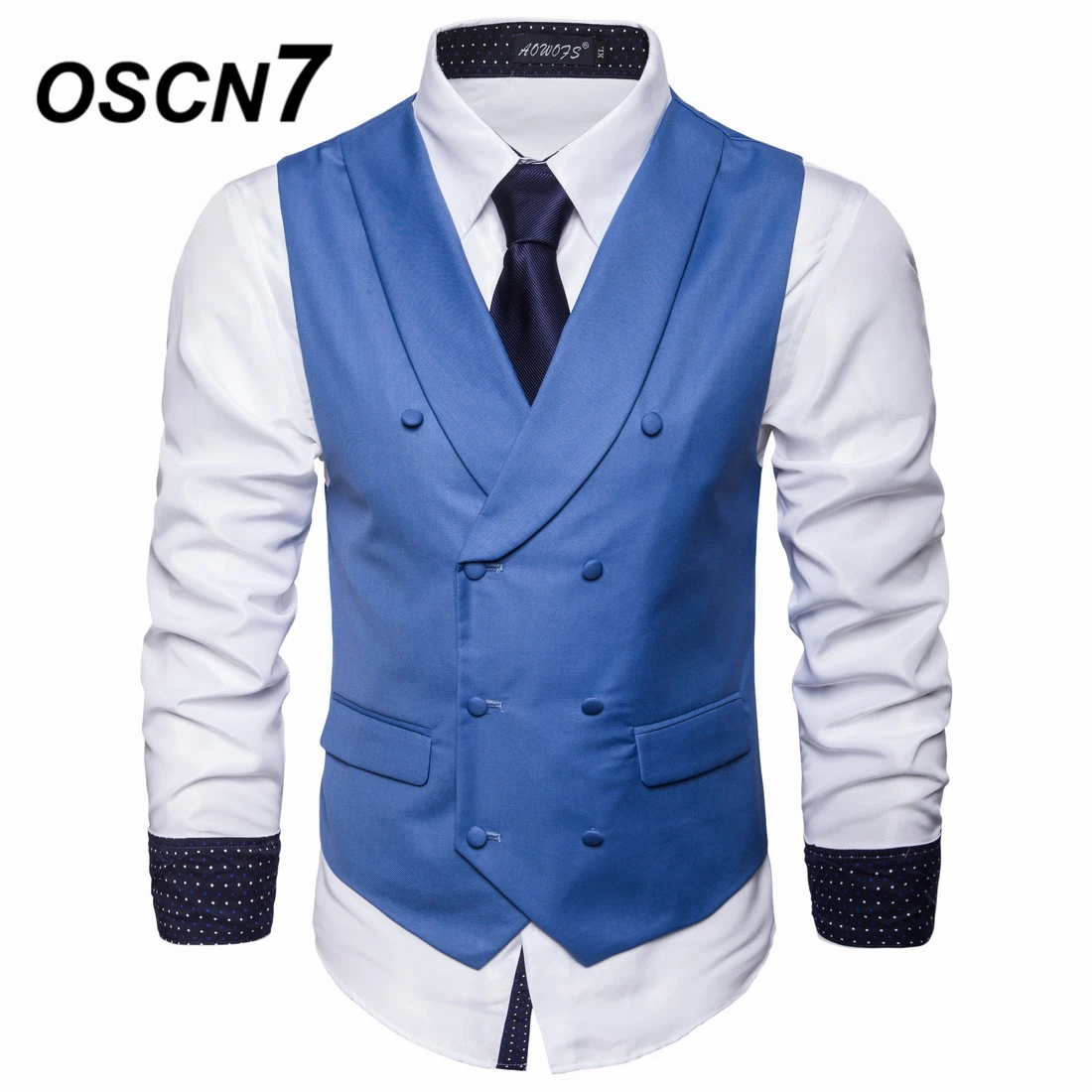 

OSCN7 Shawl Lapel Slim Fit Suit Vest Mens 2019 New Business Casual Plain Double-breasted Flip Pocket Waistcoat Men MJ003