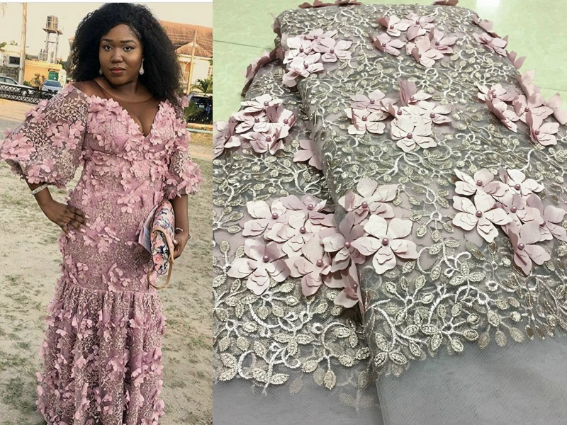 

2019 Onion Color African Embroidered Lace Fabrics French 3D Flower Lace Fabric High-quality African Net Laces With Beads PSA569