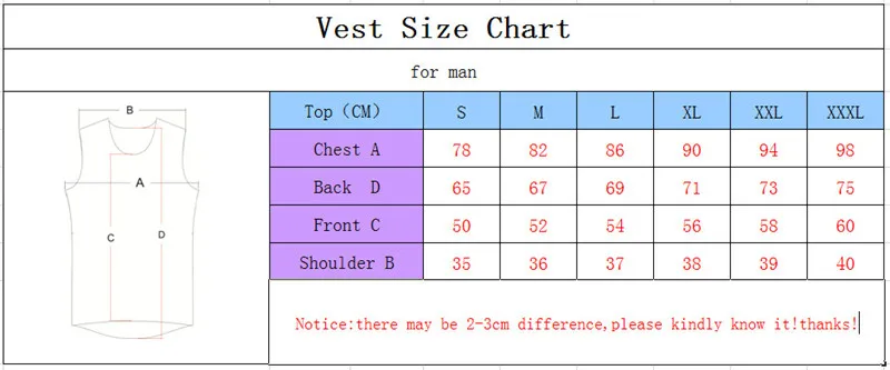 vest size table
