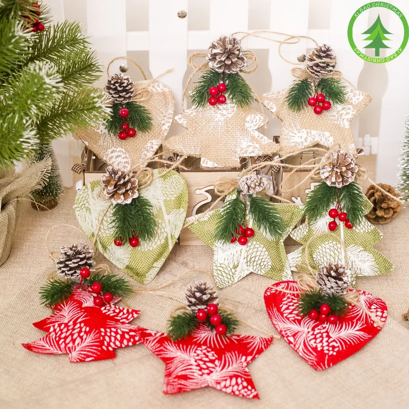 

3PCs/Lot Christmas Home Bar Decoration Christmas Tree Cloth Pendant with Pinecon Xmas Star Love Heart Tree Pattern Hanging Decor
