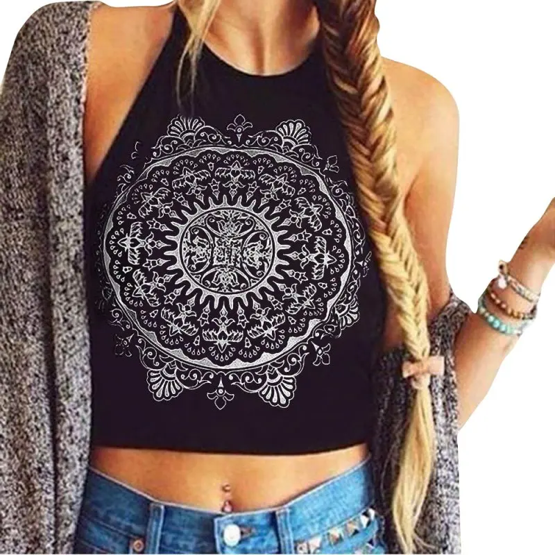 

HARKO Bohemian Sexy Women's Summer Black Sleeveless Pattern Casual Vest Music Festival T-shirt Maya Pattern Halter Camisole